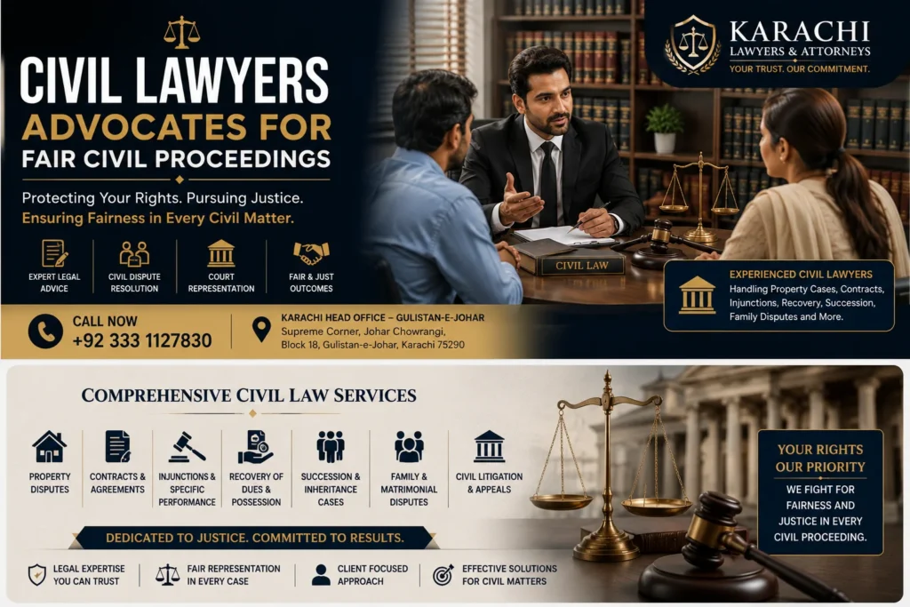 Civil law lawyers in Karachi handling property disputes, contracts, injunctions, recovery claims and civil appeals