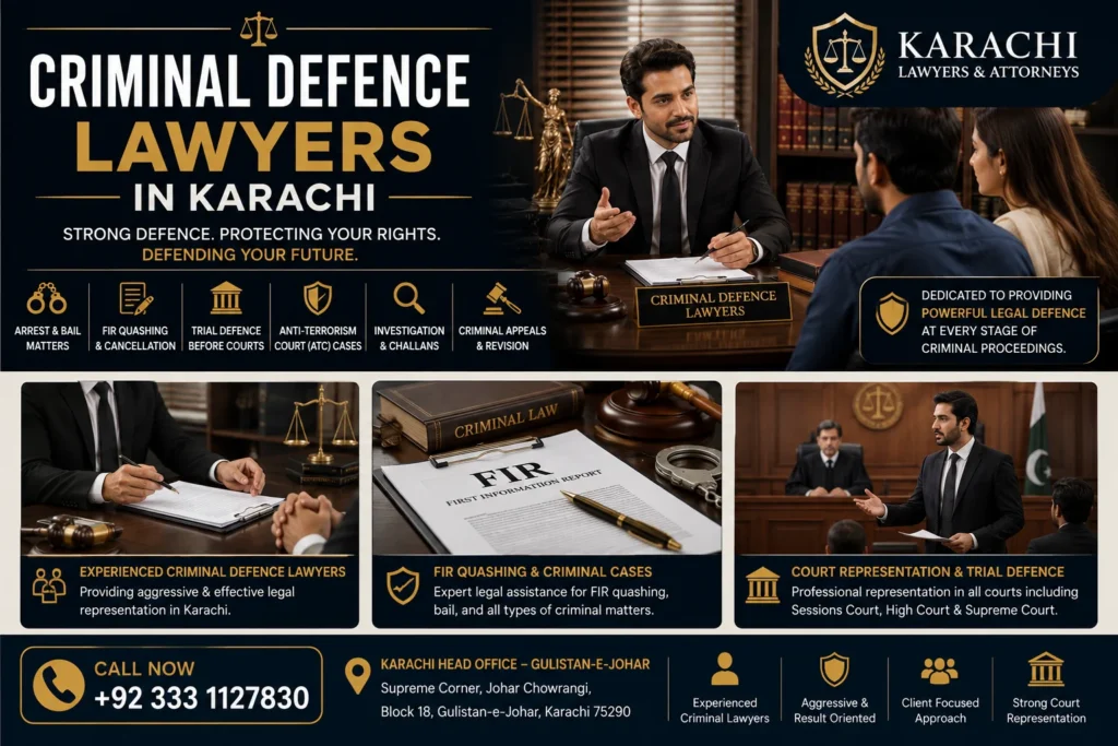 Criminal defence law services in Karachi including bail, FIR quashing, trial defence, ATC cases and appeals