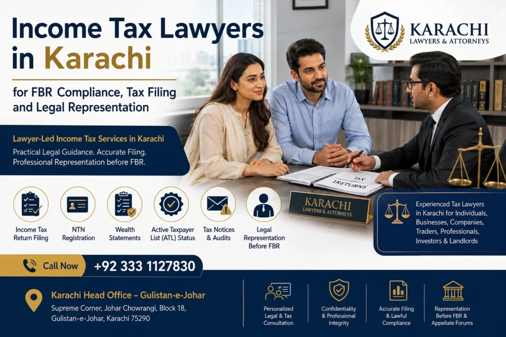 Income tax legal services in Karachi including tax return filing, NTN registration, wealth statements and FBR audit assistance