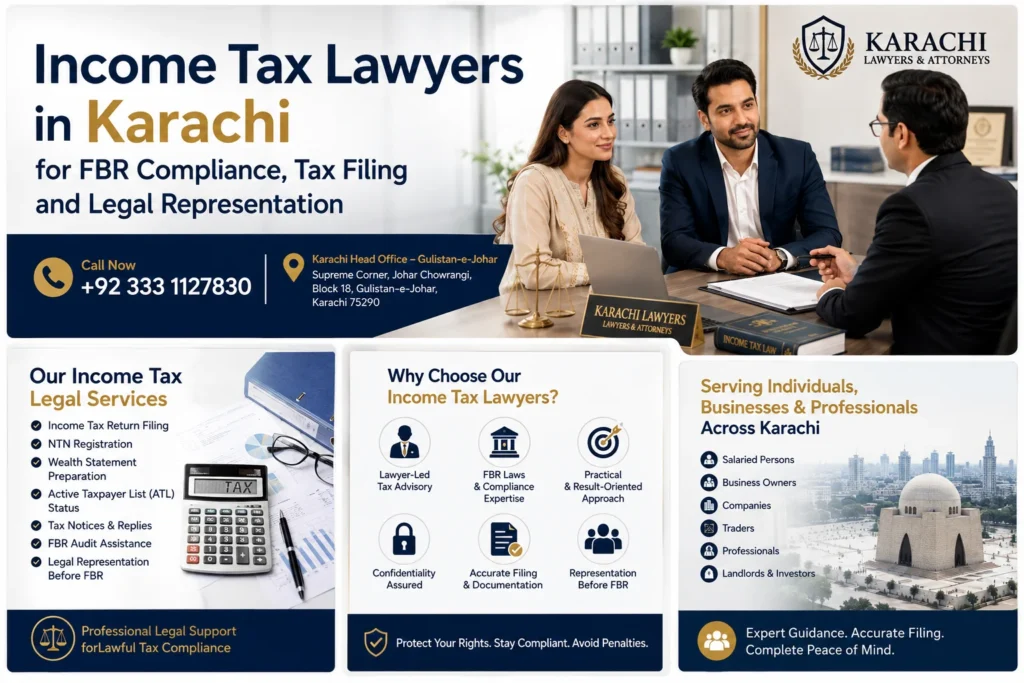 Income tax legal services in Karachi including tax return filing, NTN registration, wealth statements and FBR audit assistance