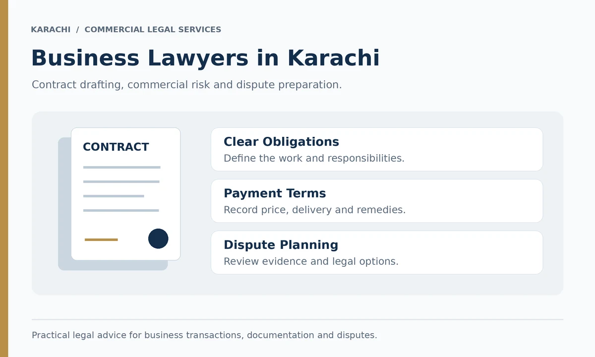 Contract document beside clear obligations, payment terms and dispute planning topics